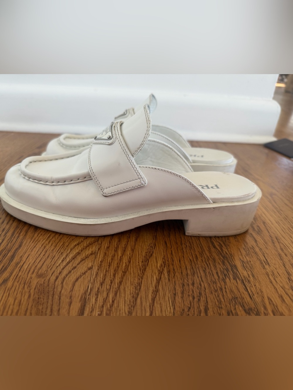 Prada White Triangle Logo Slip-On Loafers, size 38 - Picture 6 of 11
